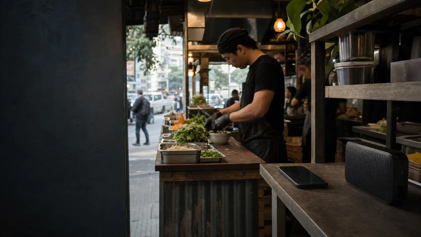 忙碌店铺里,手机与便携音箱配合播放门店播报
